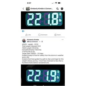 Kimberly Kimble scale showing 221.8 lbs - 33.9 lbs released