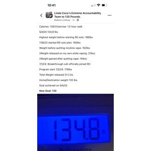 Linda Coco scale showing 134.8 lbs - goal achieved - 51.2 lbs released