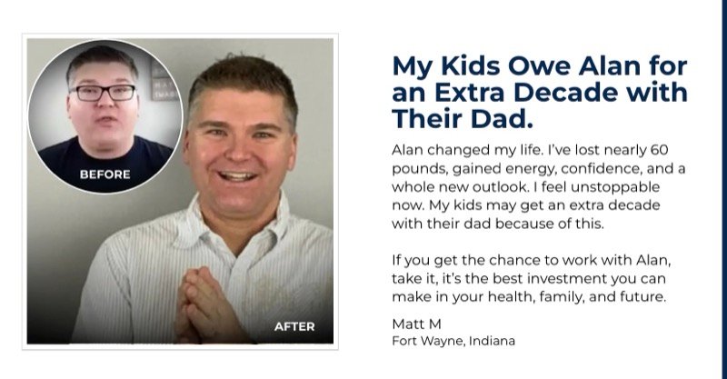 Matt McWilliams before and after - lost nearly 60 pounds - My kids owe Alan for an extra decade with their dad