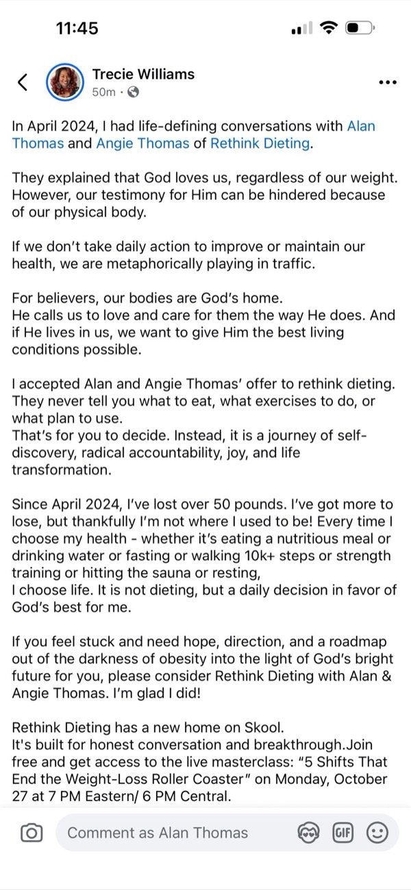Trecie Williams Facebook testimonial - lost over 50 pounds with Rethink Dieting
